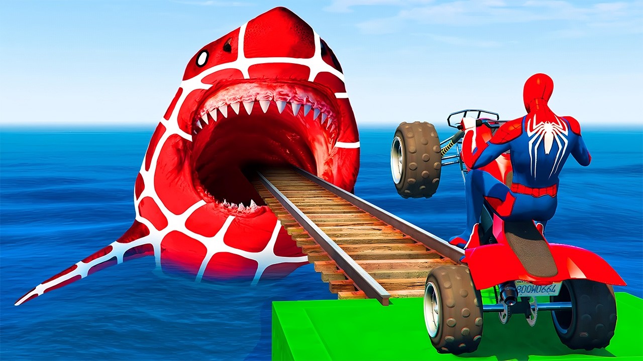 Spider-Man GTA 5 Rescue Mission! Giant Shark Rainbow Track Challenge