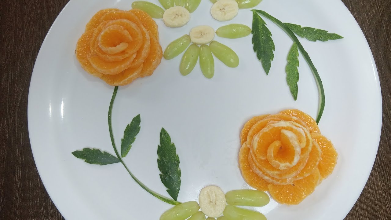 How to make fruit decoration with orange, cucumber, grapes &banana in easy.....