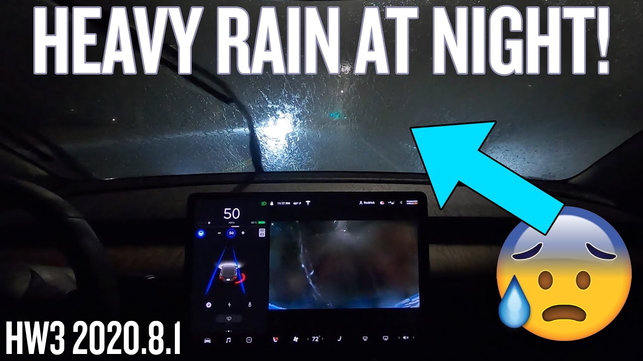 Autopilot City Driving In HEAVY RAIN At Night (HW3 2020.8.1)