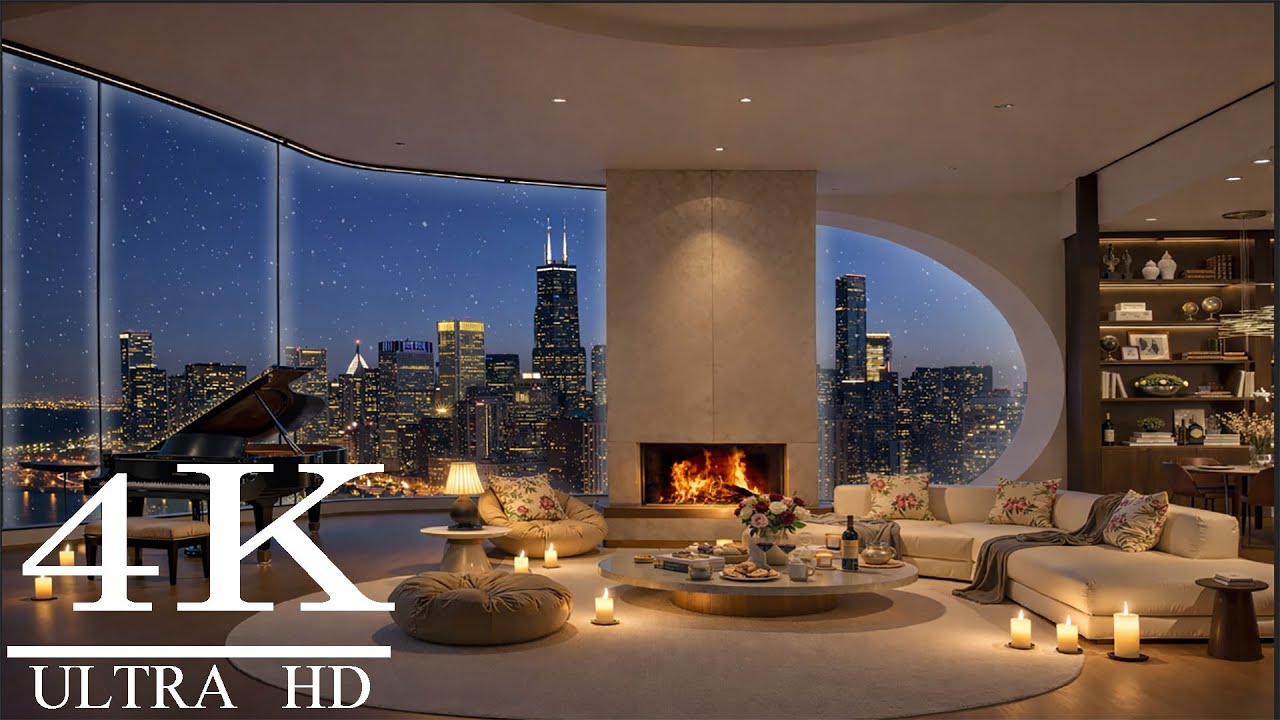 [4K] Restful Winter Night ❄️ Cozy Washington Apartment with Smooth Jazz & Fireplace Sounds to Unwind