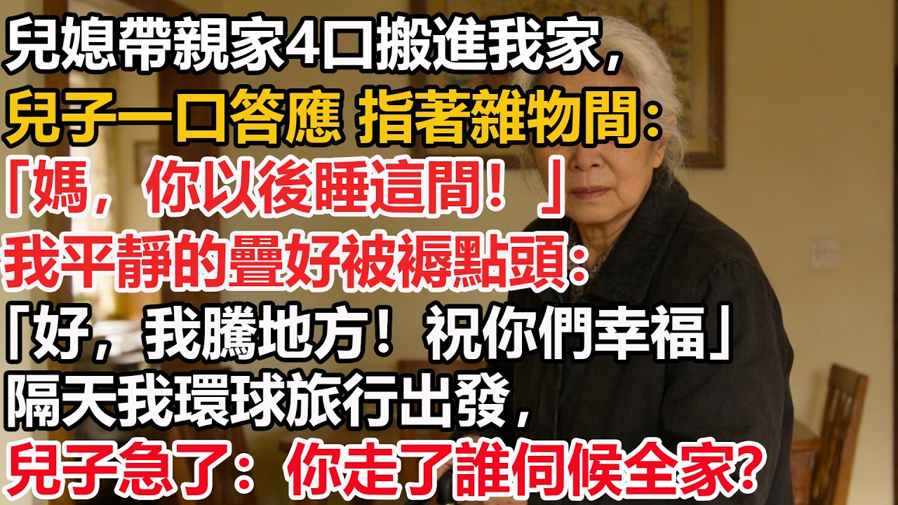 兒媳帶親家4口搬進我家，兒子一口答應 指著雜物間：「媽，你以後睡這間！」我平靜的疊好被褥點頭：「好，我騰地方！祝你們幸福」隔天我環球旅行出發，兒子急了：你走了誰伺候全家？