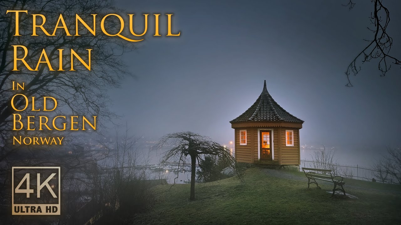 Tranquil Rain in Old Bergen | Atmospheric 4K Walking Tour | Binaural Audio for Relaxation | Norway