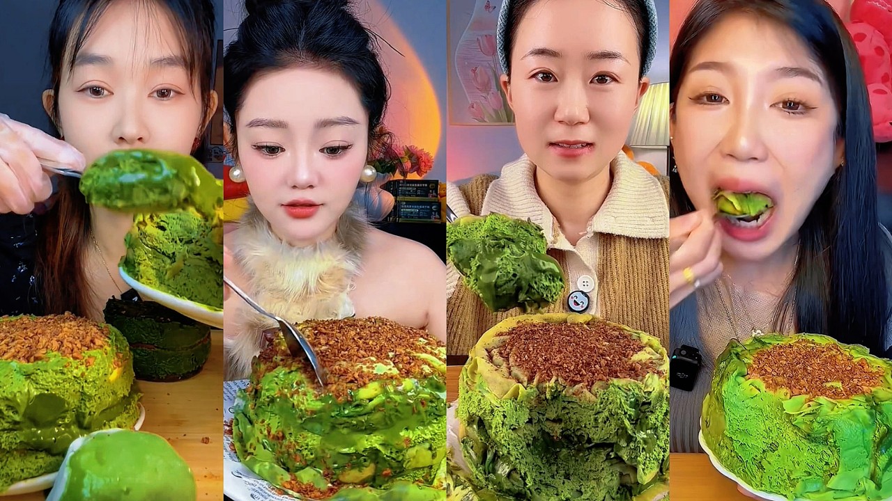 ASMR Pistachio Matcha Thick Cream Cake Intense Green Tea Dessert Mukbang Satisfying Eating Sounds 🍵🍰
