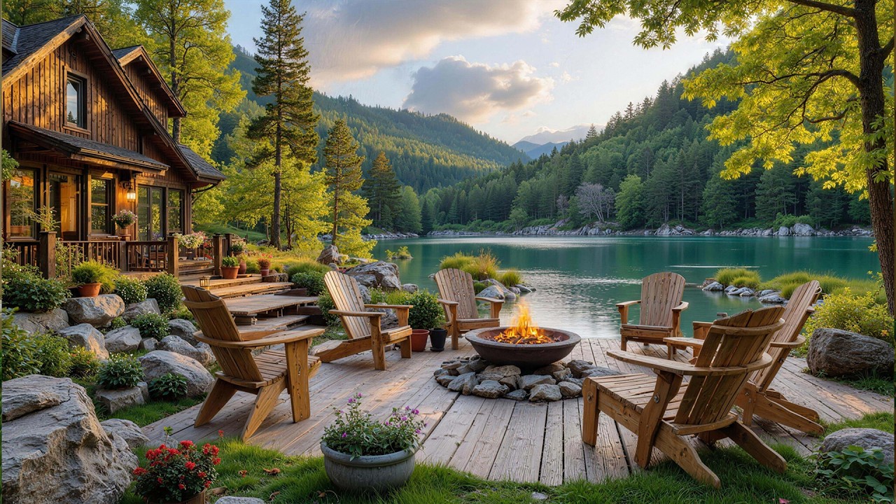 Calming Spring Forest Riverside with Gentle River & Fireplace Sounds 🌺Tranquil Piano Music for Relax