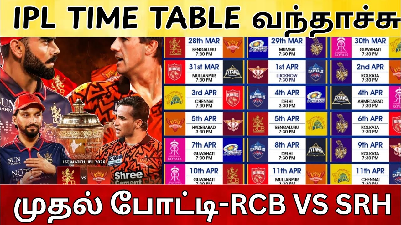 IPL 2026 Full Time Table 🔥 | First Match Royal Challengers Bengaluru vs Sunrisers Hyderabad |
