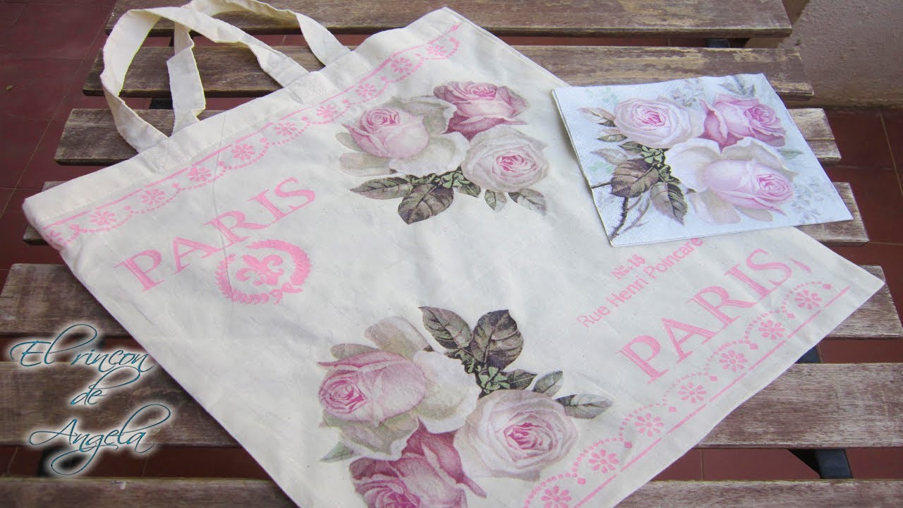 Decoupage y pintura sobre una bolsa de tela - Conideade