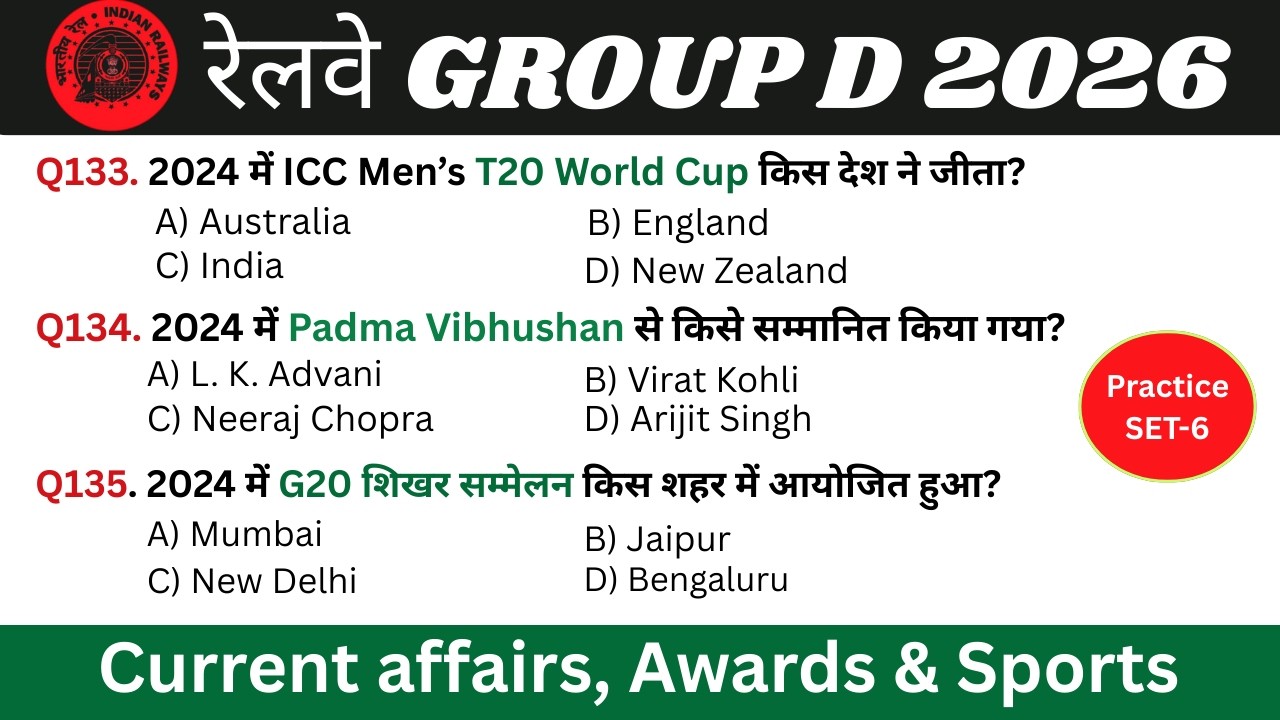 Railway Group D Current Affairs + Awards + Sports MCQs questions Practice Set 6 | #gkindia  #rrb