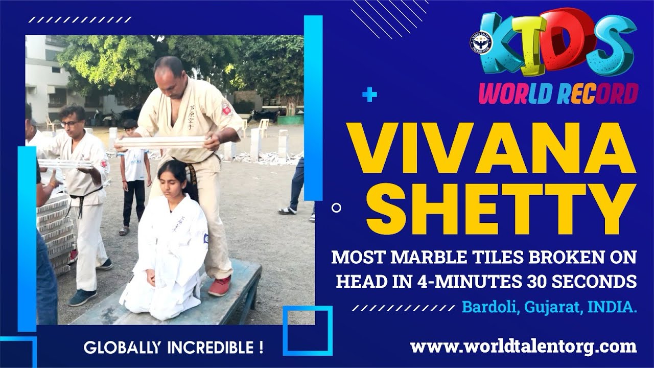 Most Marble Tiles Broken On Head In 4 -Minute 30 Second Kids World Record. #WorldRecords