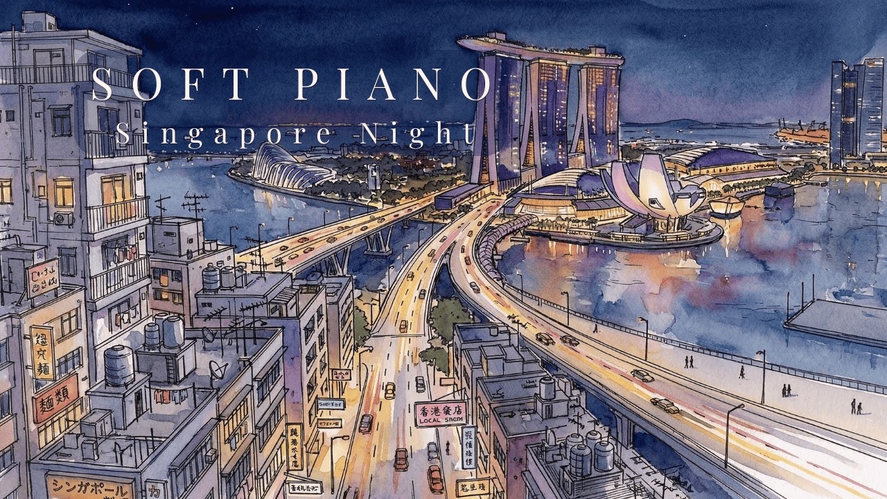 3 Hour Study Music – Dark Academia Soft Piano | Singapore Marina Night Lights
