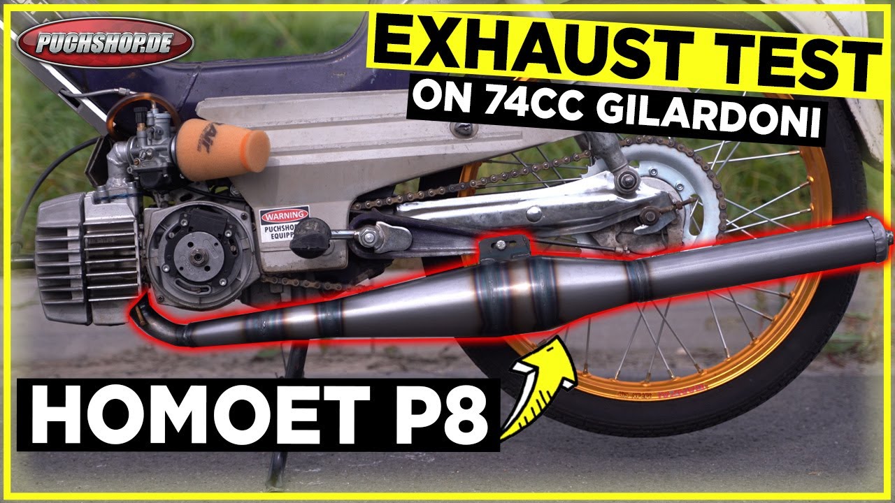 Homoet P8 Puch Maxi 74cc Gilardoni Auspuff sound test + Fly by