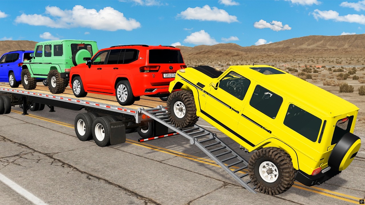 Triple Flatbed Trailer McQueen Transportation with Truck - Speedbumps vs Cars vs Train - BeamNG #12