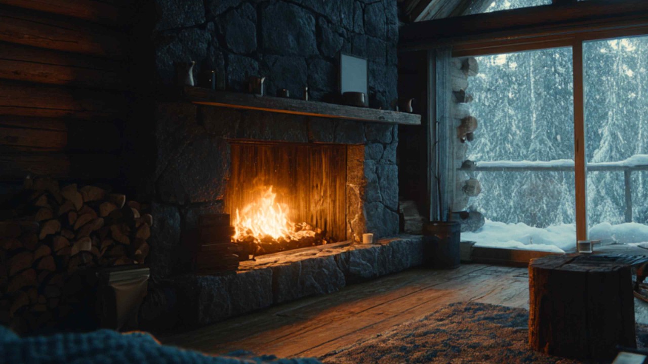 Alone in a Remote Cabin by the Fireplace | Winter Night (3 Hours)