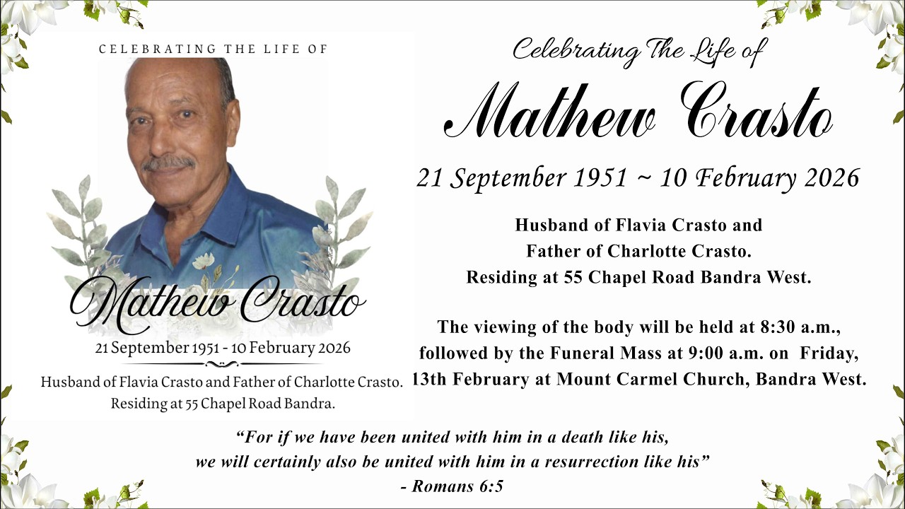 Celebrating the life of Mathew Crasto | 8:30 a.m. | Mt. Carmel Church |