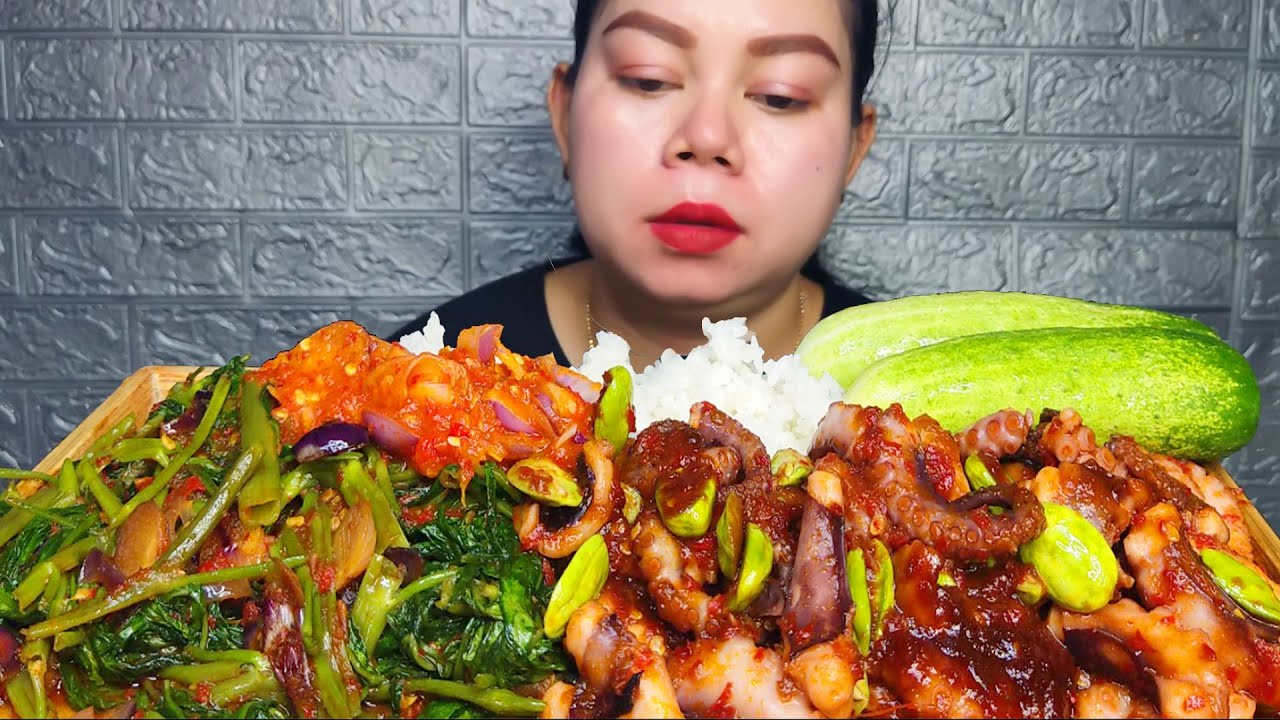Nikmat parah sambal gurita pete tumis kangkung belacan sambal matah timun muda Mukbang