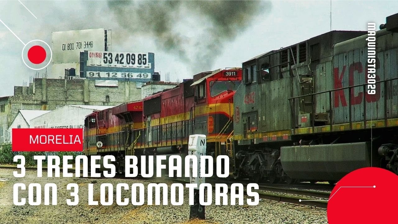 📹 3 TRENES con 3 LOCOMOTORAS RUGIENDO al arranque en el patio de Morelia (con una SD70MAC)