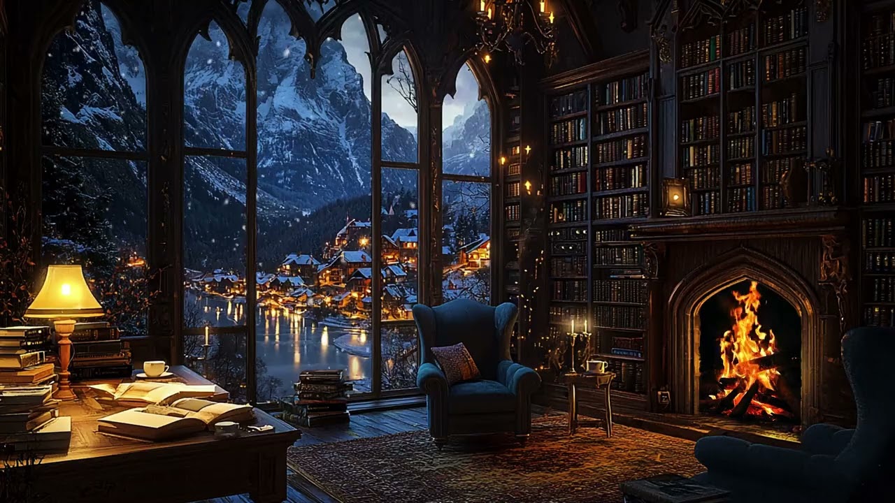 Old World Library in Winter Snow | Calm Reading Atmosphere for Clear Thinking