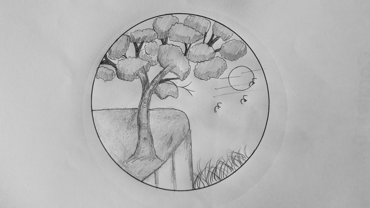 Draw a Village Scenery Inside a Circle | Easy Pencil Sketch Art | Nura Art Gallery