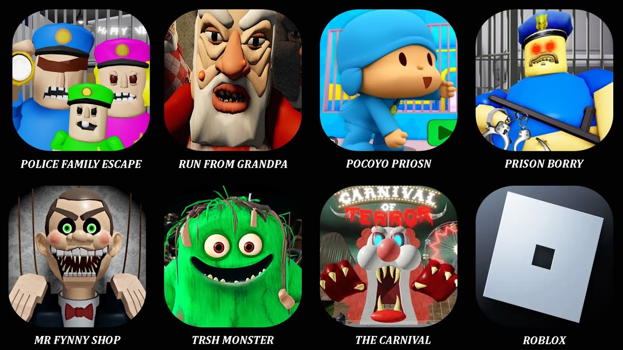 ROBLOX:Police Family Escape.Pocoyo Prison,Angry Grandpa,Prison Borry,Mr Fynny Toy Shop,Trash Monster