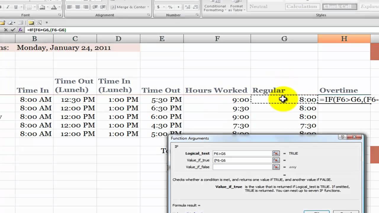 How to Calculate Overtime Hours on a Time Card in Excel