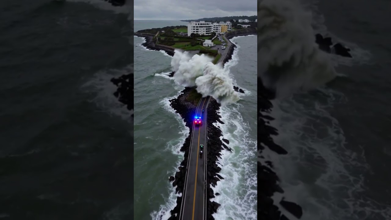 Devastating Wave Hits Coastal Road