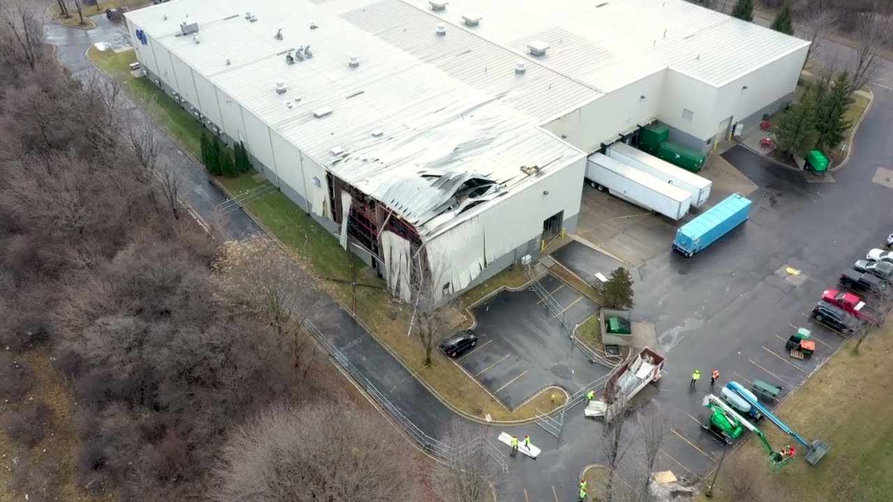 Aerial footage of damage to EFI, Inc. days after gas explosion near Ypsilanti
