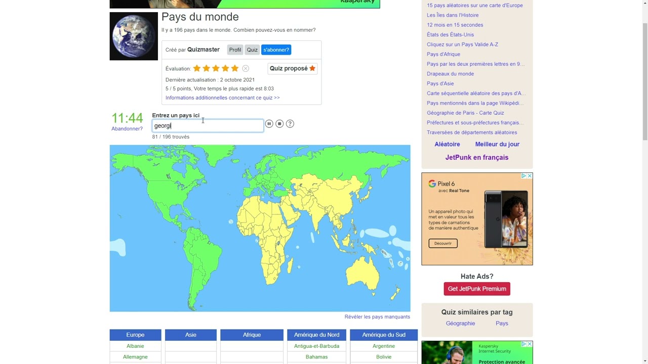 JetPunk : Tous les Pays sont appris !