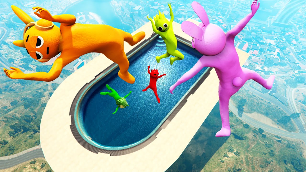 Incredibox Sprunki Group Huge Water Pool Ragdolling and Jumps in GTA 5