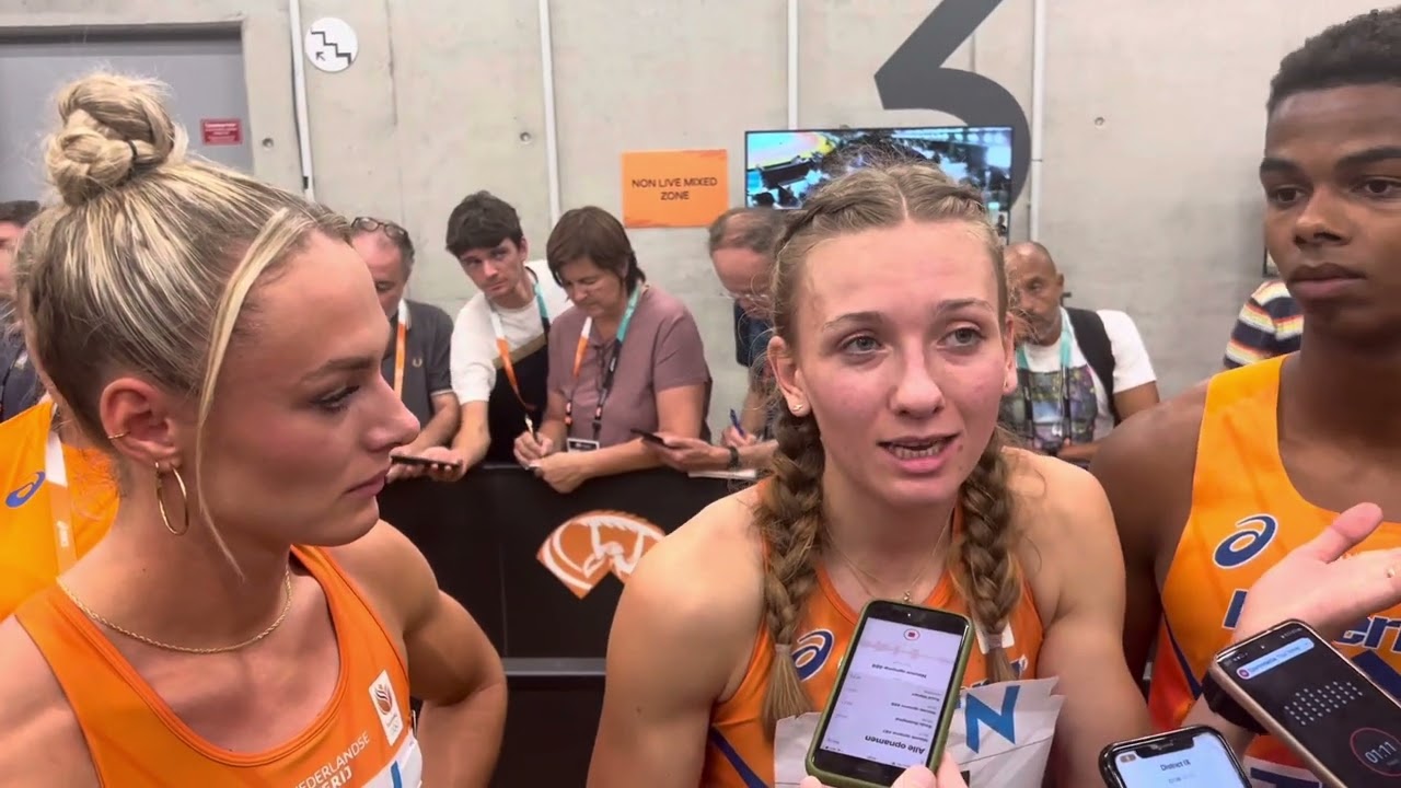 Femke Bol talks after her fall in 2023 Mixed Relay 4 x 400 (1st in English, then in Dutch)