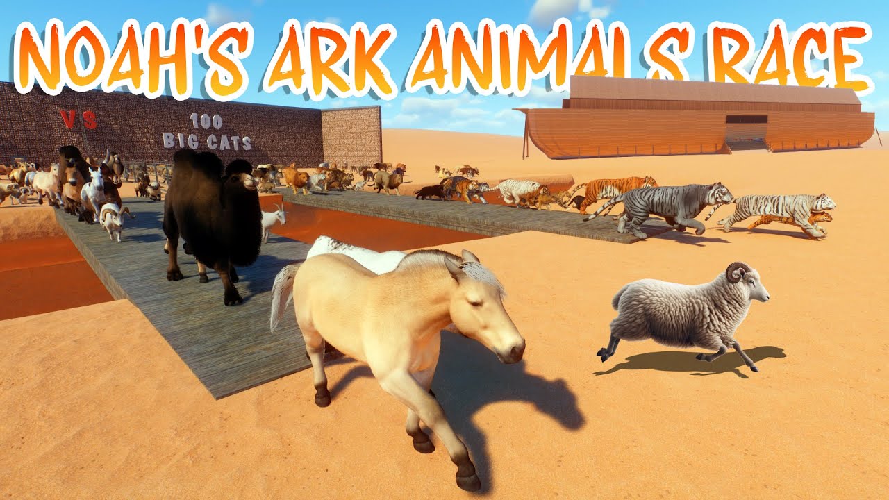 100 Farm Animals VS 100 Big Cats VS 50 Animals Race in Noah's Ark Planet Zoo included cow, & Tiger
