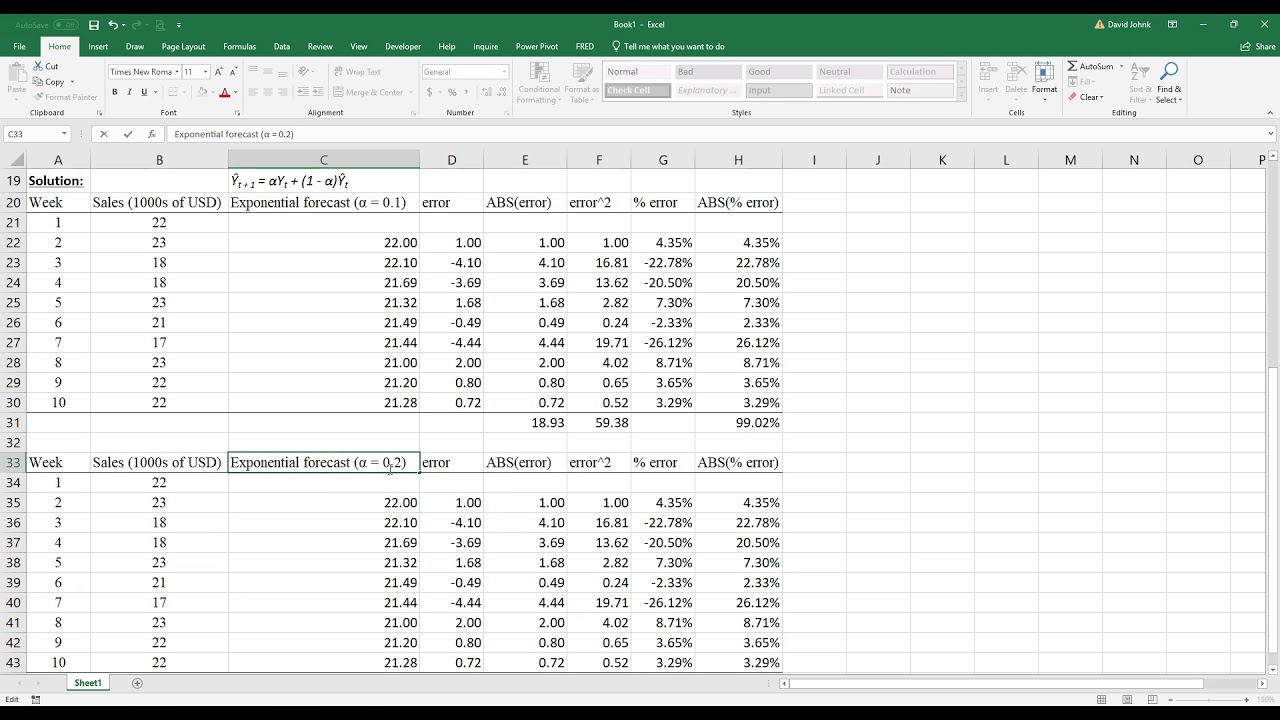 Exponential Smoothing on Excel, use MSE, MAE, and MAFE