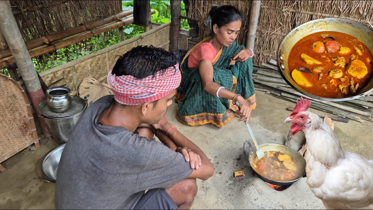 Rainy day Cooking And Eating Chicken Curry Recipe With Village Mother and Son