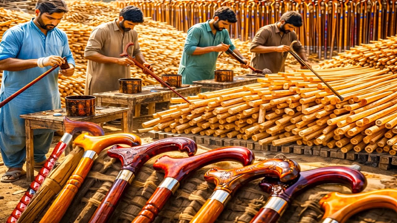 Amazing Process of Pakistani Craftsmen Making Giant Wooden Walking Sticks /Pakistani Factory Secrets