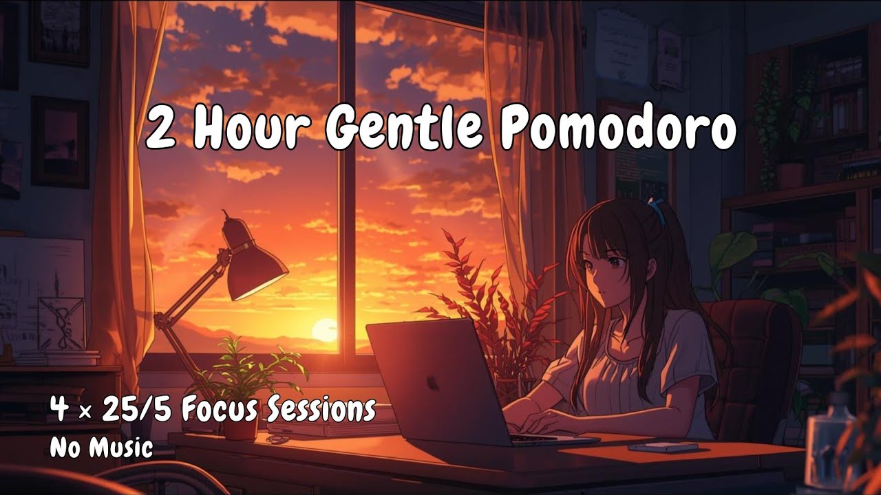 2-Hour Pomodoro Timer (4×25/5) | Your Quiet Study Companion | No Music