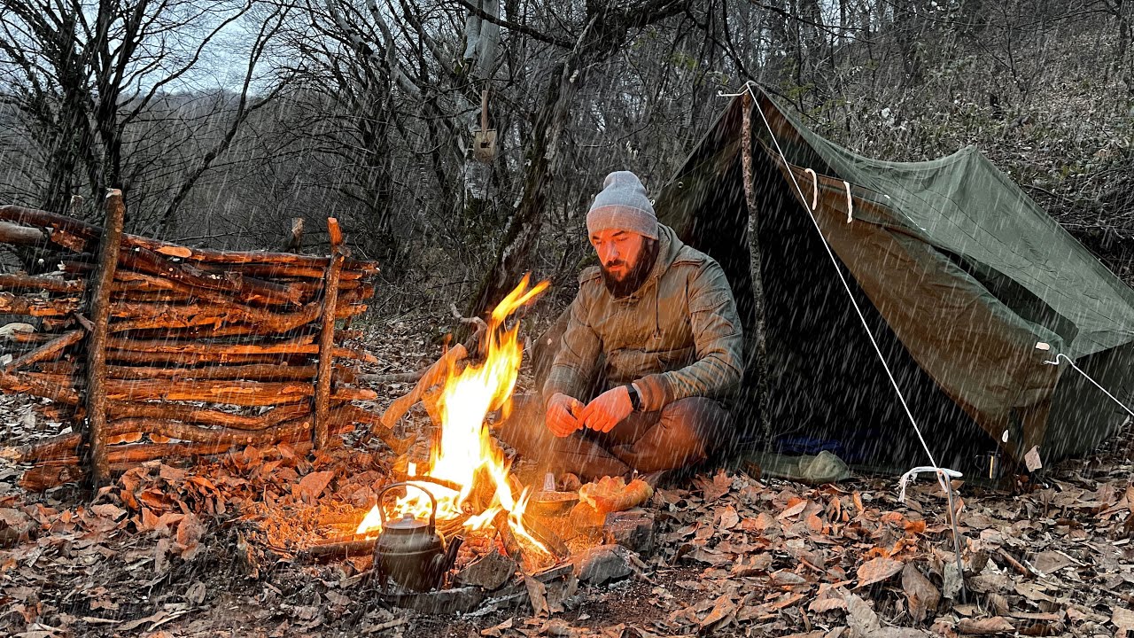 BUSHCRAFT SOLO CAMPING | Rainy Night in Hot Tent! Campfire cooking