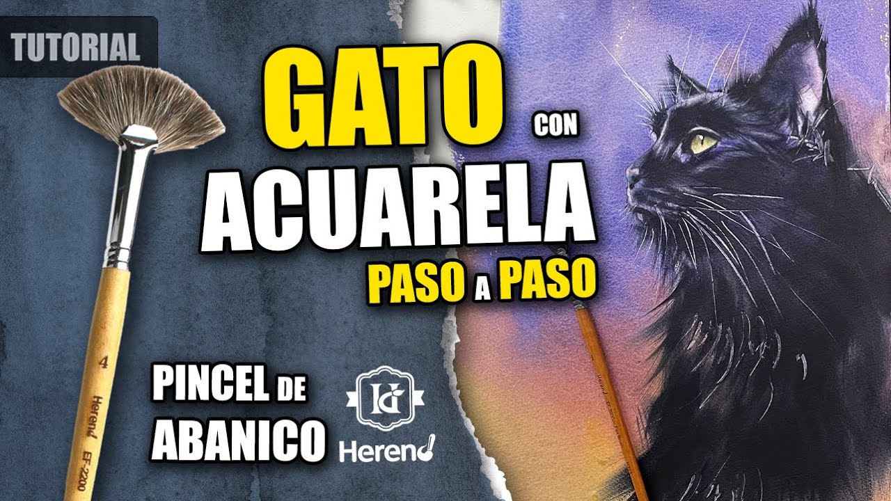 C&oacute;mo Pintar un GATO con ACUARELA 🎨 Tutorial PASO a PASO  🪭  PINCEL de ABANICO HEREND