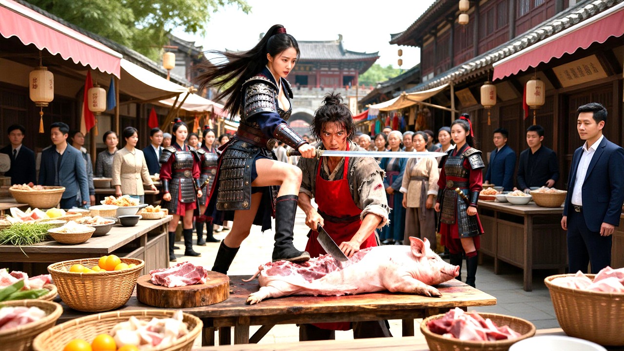 街邊賣豬肉小夥被女惡霸欺負，怎料他竟是隱藏武神轉世，一把殺豬刀從南砍到北！#逆襲 #反轉 #熱血 #功夫小子