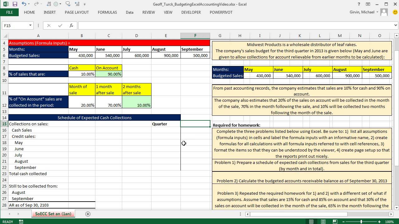 Excel Accounting Schedule of Expected Cash Collections Using A Set Of Assumptions / Formula Inputs