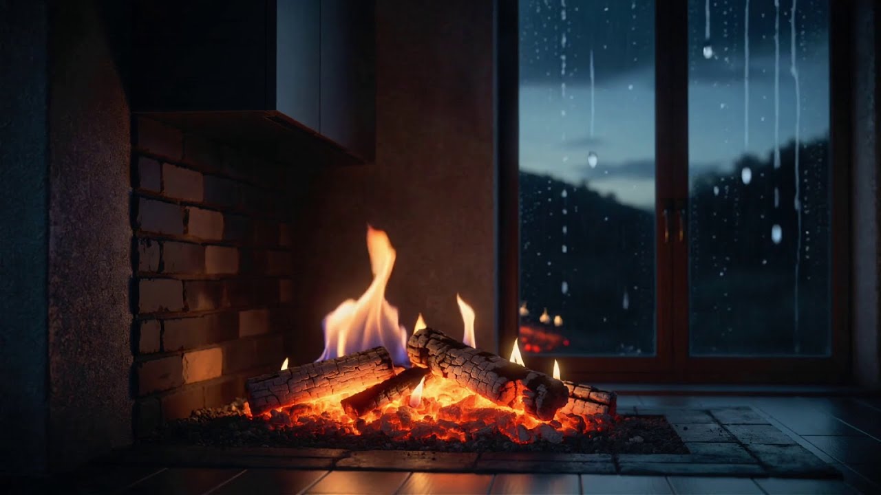 Fireplace with Gentle Rain 🔥 Cozy Night Ambience (No Music)