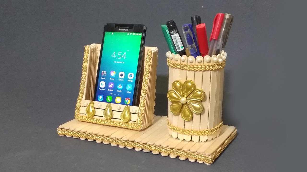 easy pen stand and mobile phone holder with popsicle stick | ice cream stick craft | 2020