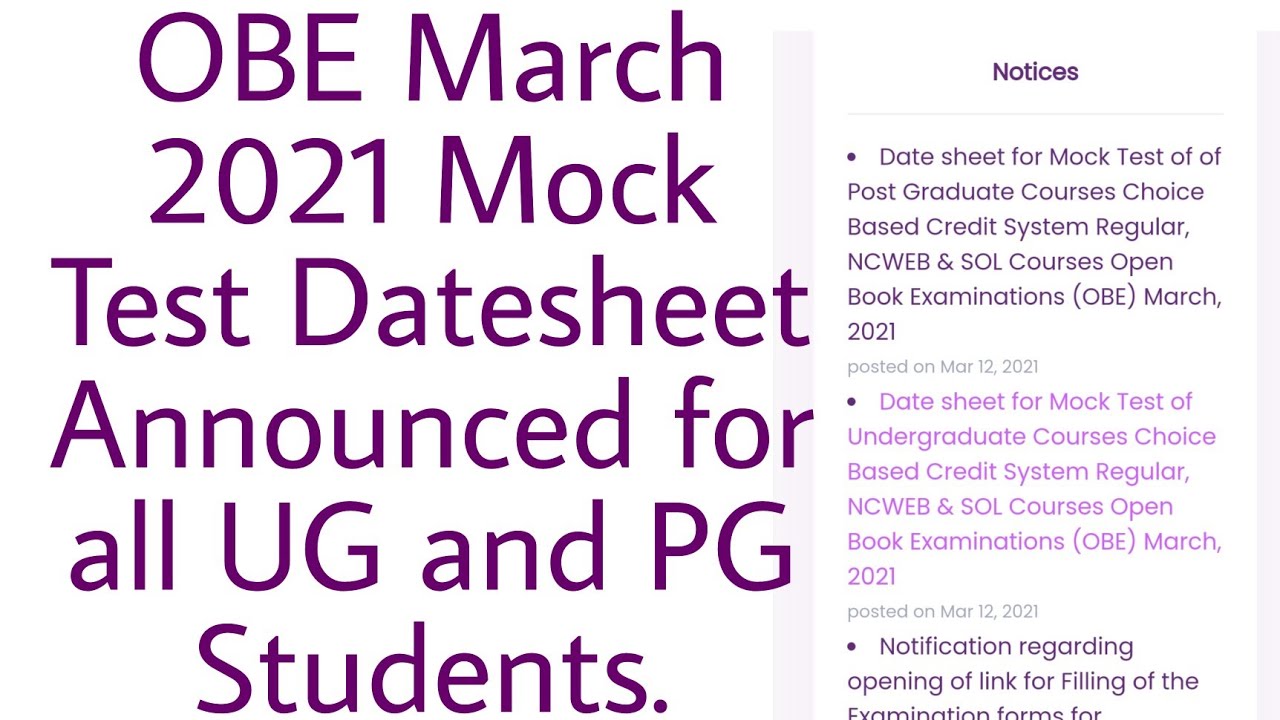 UG & PG Mock Test Datesheet Announced for all OBE March 2021 Students including SOL and NCWEB