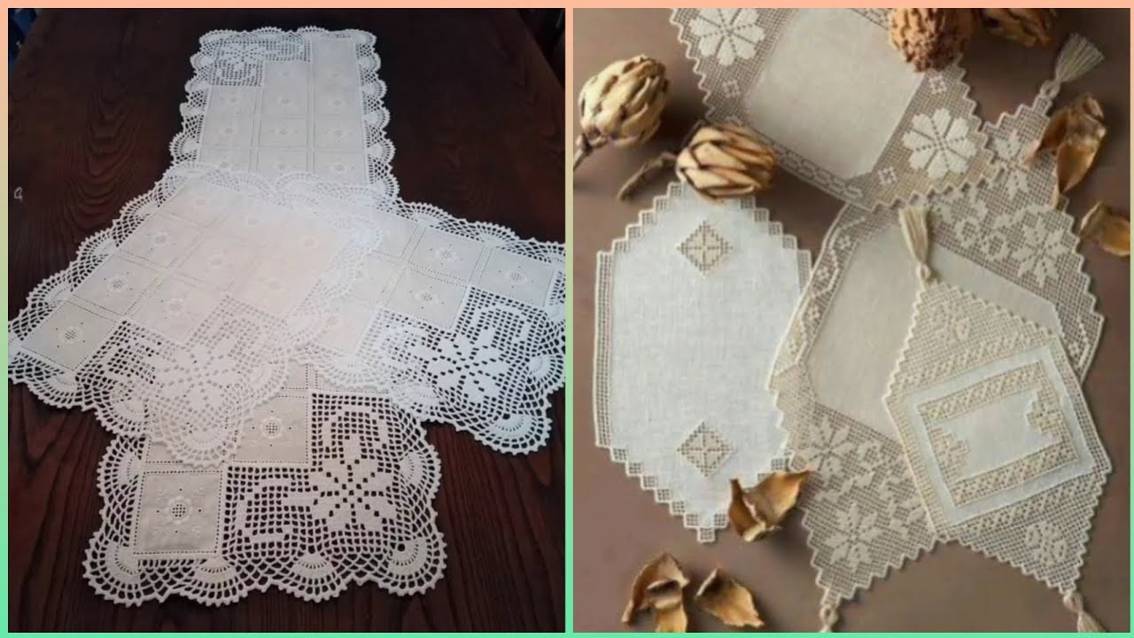 120 Crochet Beautiful type of  fabric and crochet border lace table runner ideas 