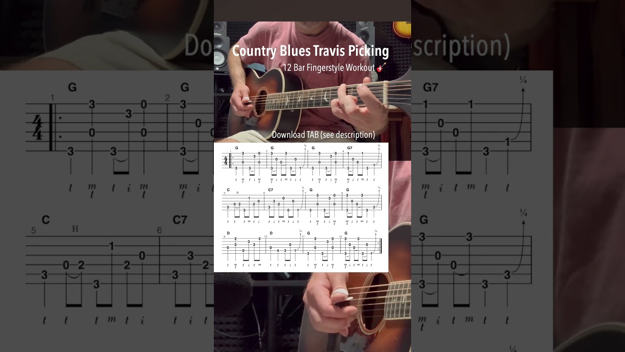 Country Blues Travis Picking &ndash; 12 Bar Fingerstyle Workout #blues #guitarplaying #country