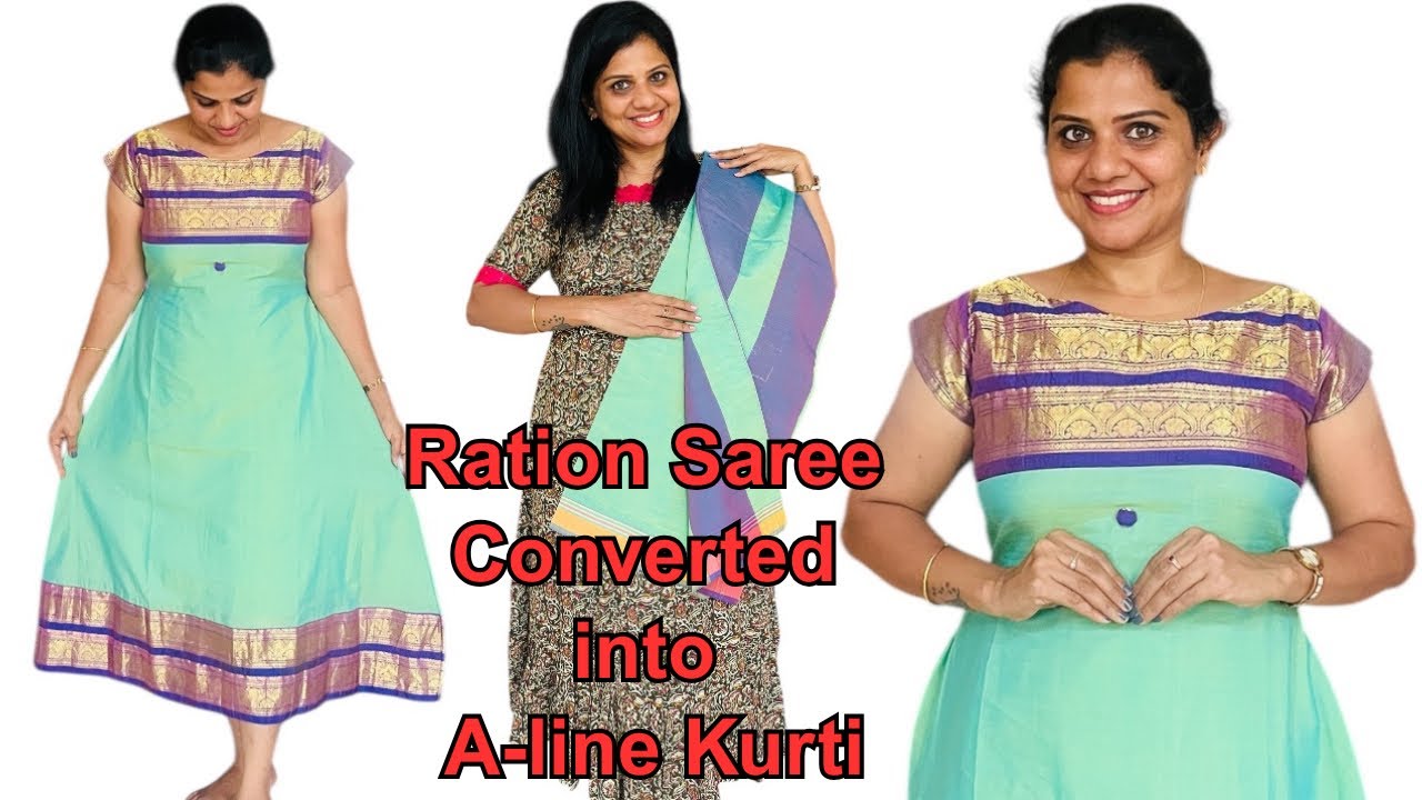 Ration Saree Converted into A-line Kurti | Old Sarees Reuse Ideas | Maxi Cutting and Stitching