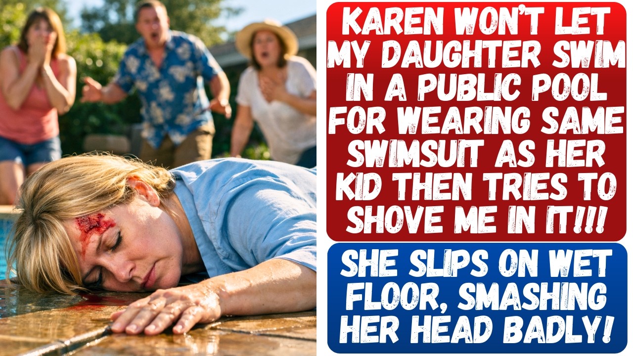 KAREN WON’T LET MY DAUGHTER SWIM IN A PUBLIC POOL FOR WEARING SAME SWIMSUIT AS HER KID & SHOVES ME!!