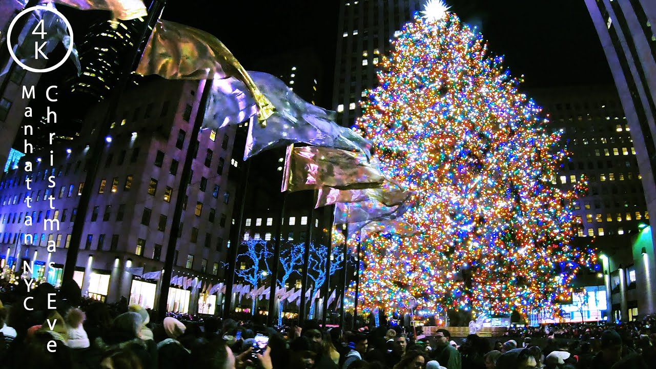 NYC Christmas Eve 2019 - 5th Avenue Manhattan, New York 4K - Christmas Tree, Windows & Light Show