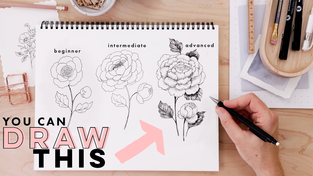 Drawing Flowers 3 Levels of Difficulty | PEONY Beginner to Advanced