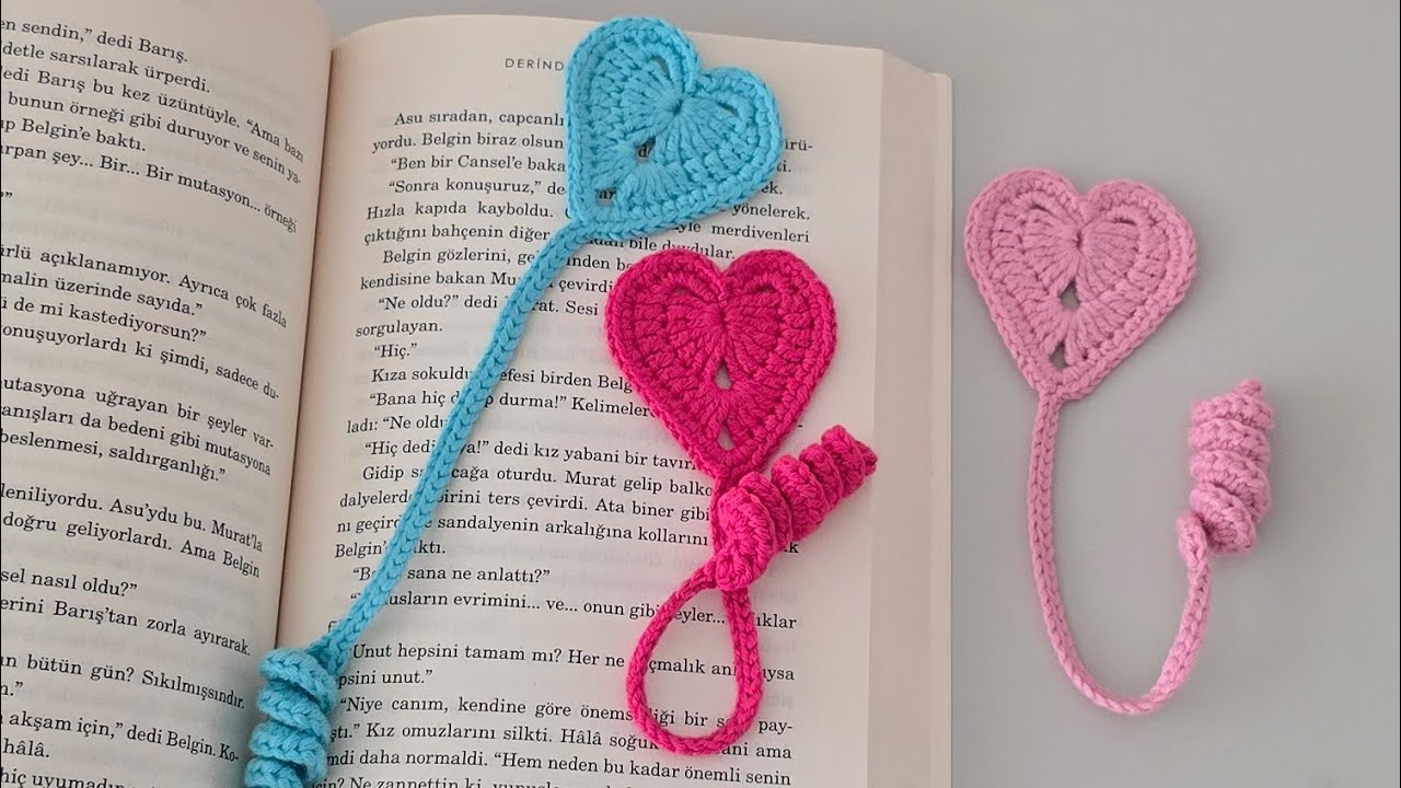 Tığ İşi Örgü Kalp Kitap Ayracı Yapımı - Easy Crochet Heart Bookmark