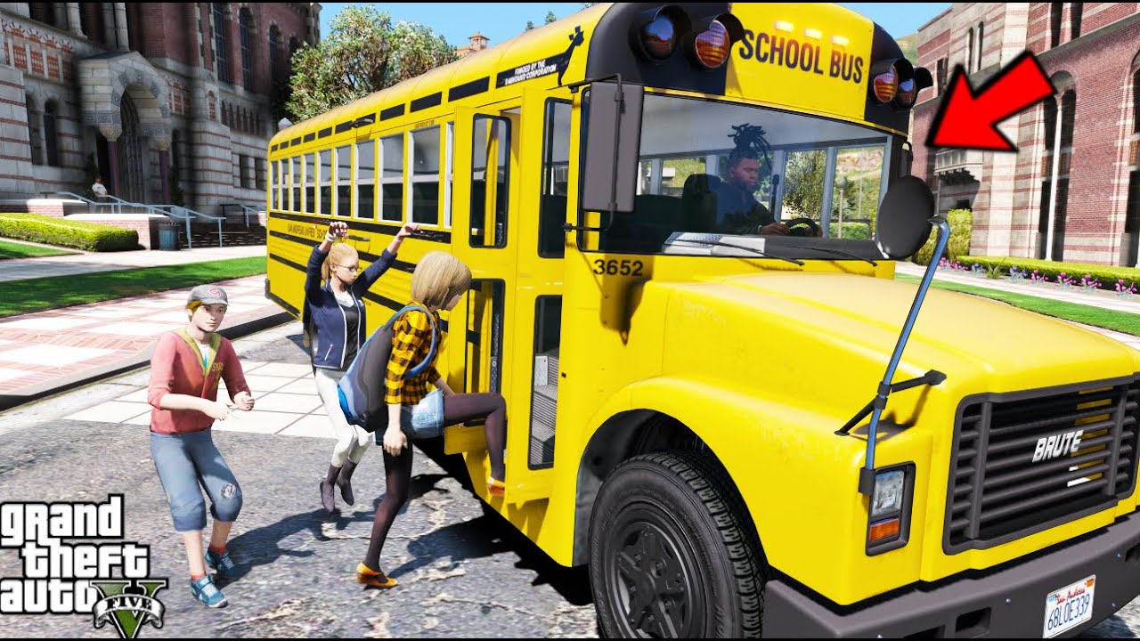 GTA 5- 🚍Franklin's New School Bus Driver Job w/Steering Wheel(GTA5 Homeless Franklin Real Life Mod#6