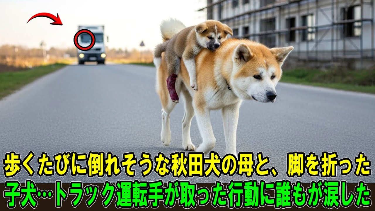 【奇跡の実話】骨と皮だけの秋田犬の母が、脚の折れた子犬を背中に乗せて助けを求め歩いていた…その直後、通りかかったトラック運転手が“信じられない行動”に出た！