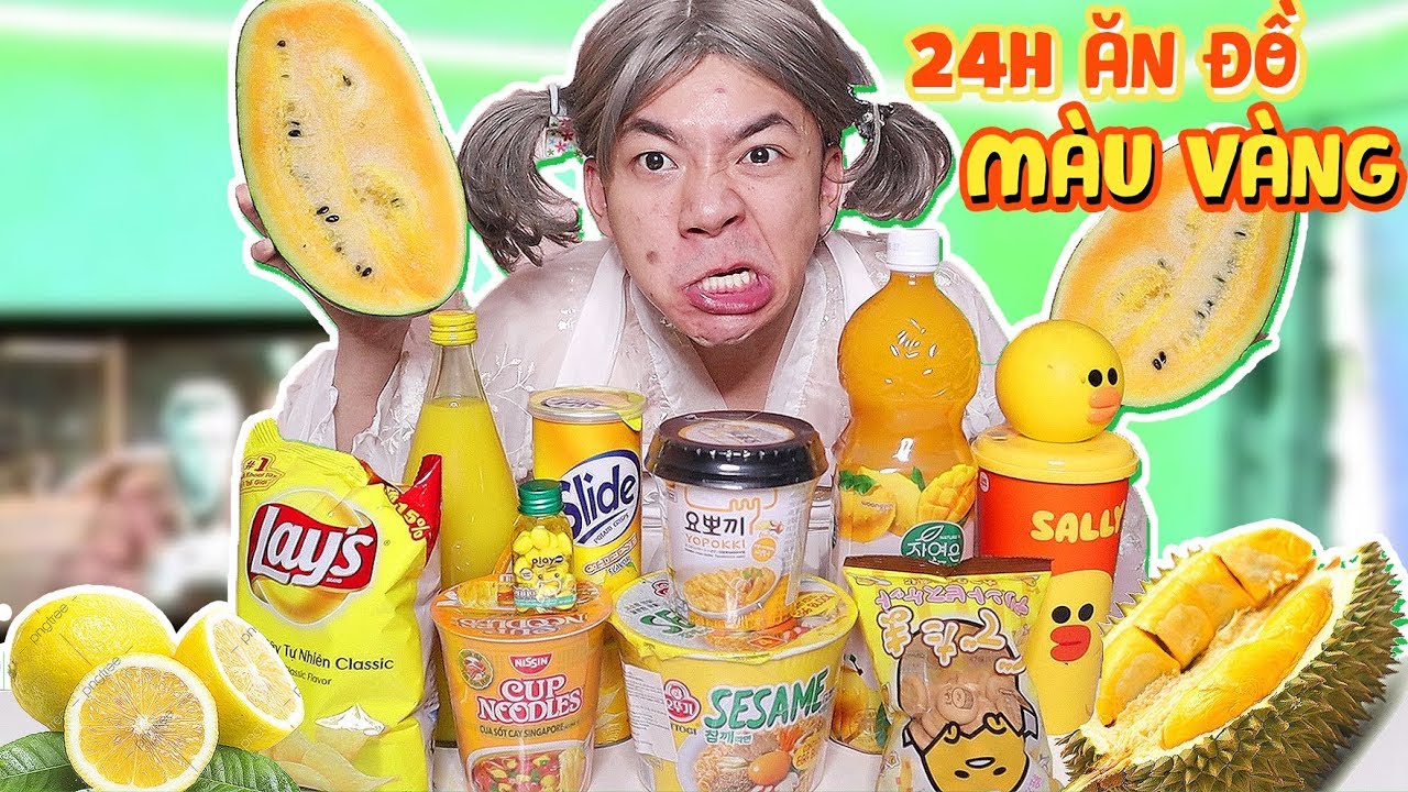 THỬ THÁCH 24H ĂN ĐỒ ĂN MÀU VÀNG!! XANH LANH CHANH VỊT HÓA THIÊN NGA & CÁI KẾT | LỚP HỌC NHÍ NHỐ